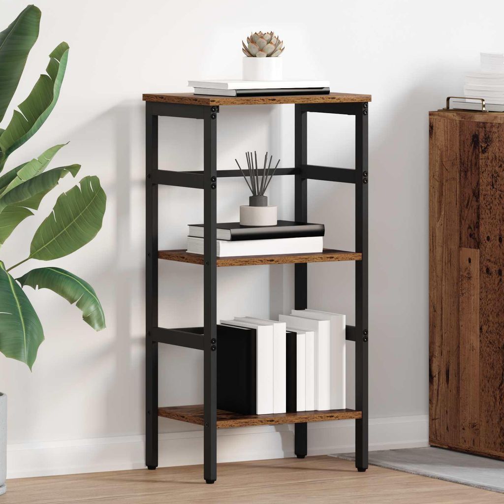 A four-tier bookshelf with a wood-look finish and black metal frame, placed against a white wall. It is decorated with books and a small plant.