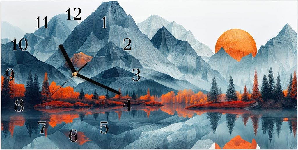 Wanduhr aus Glas mit Motiv Berge Mit Spiegelung- 60 x 30 cm - inkl. Aufhängesystem