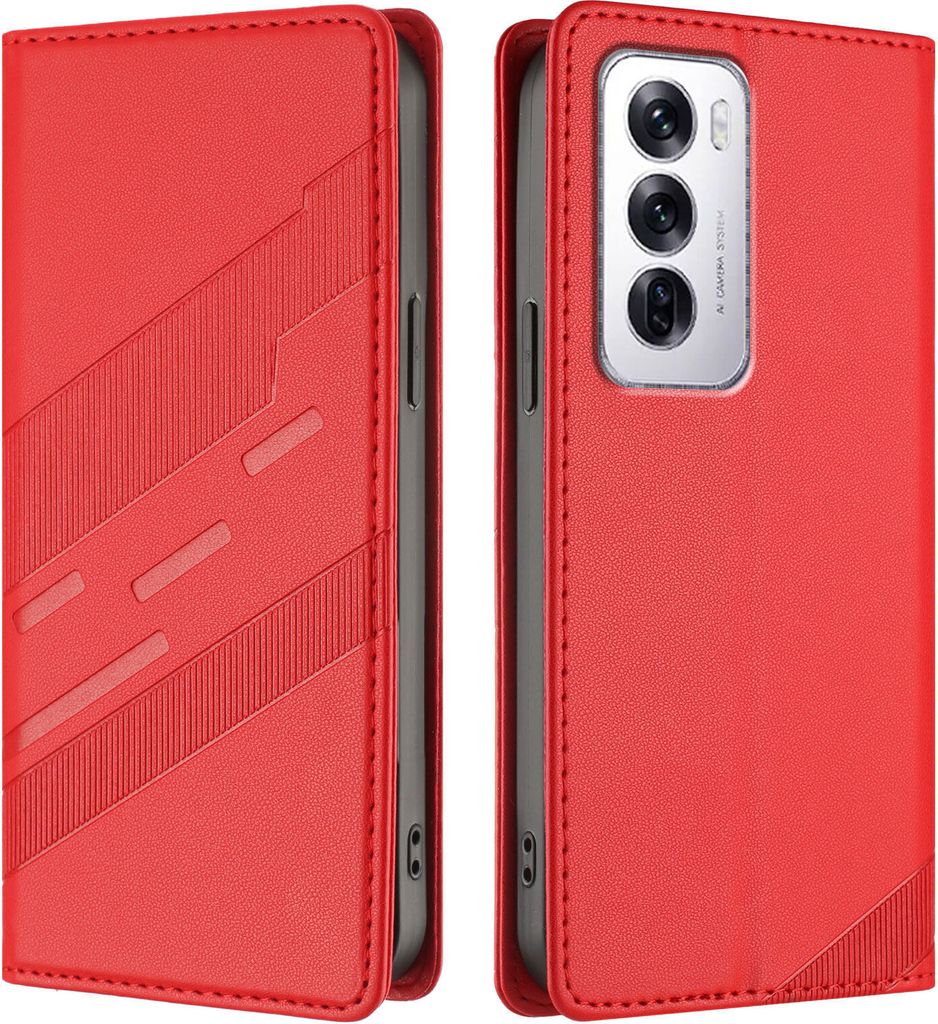 Hülle für Oppo Reno12, Kunstleder Brieftaschen Handyhülle mit Kartenfach und Standfunktion Rot