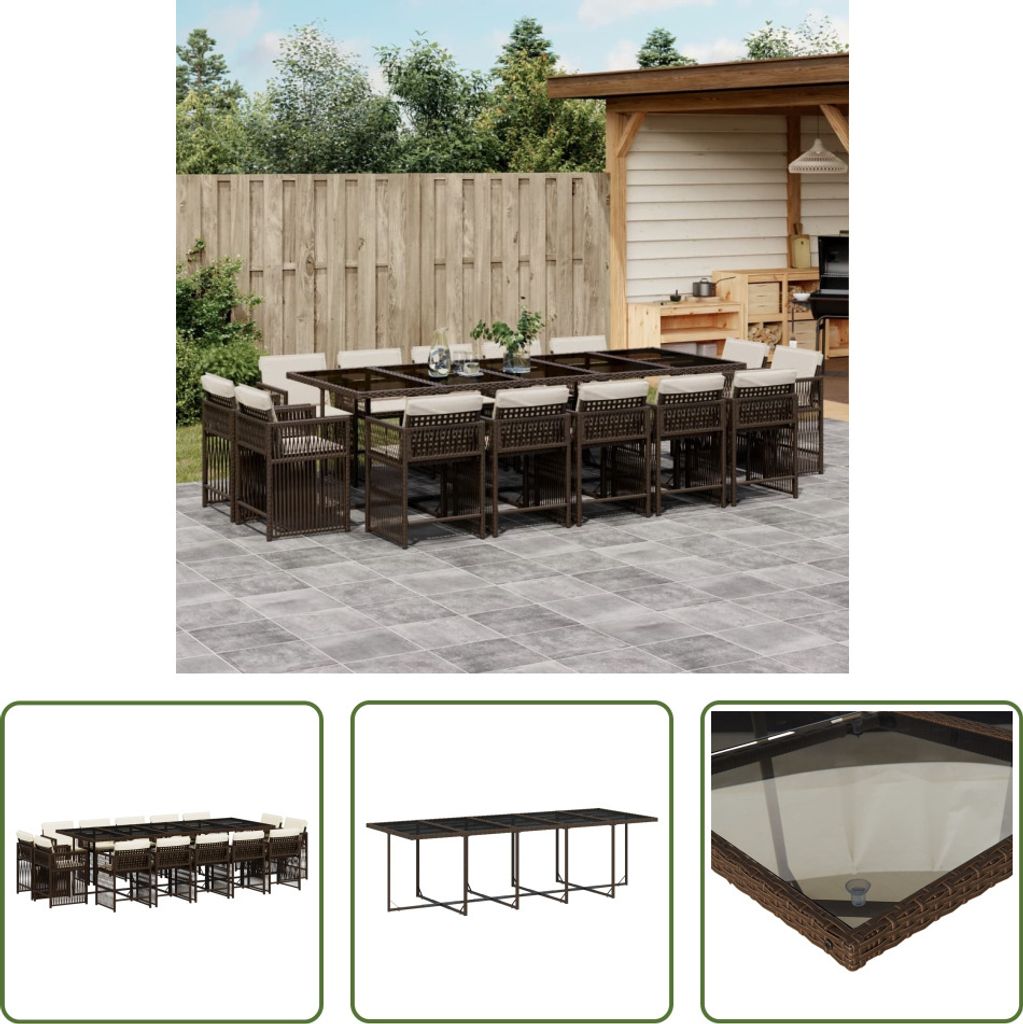 The Living Store 15-tlg. Garten-Essgruppe mit Kissen Braun Poly Rattan