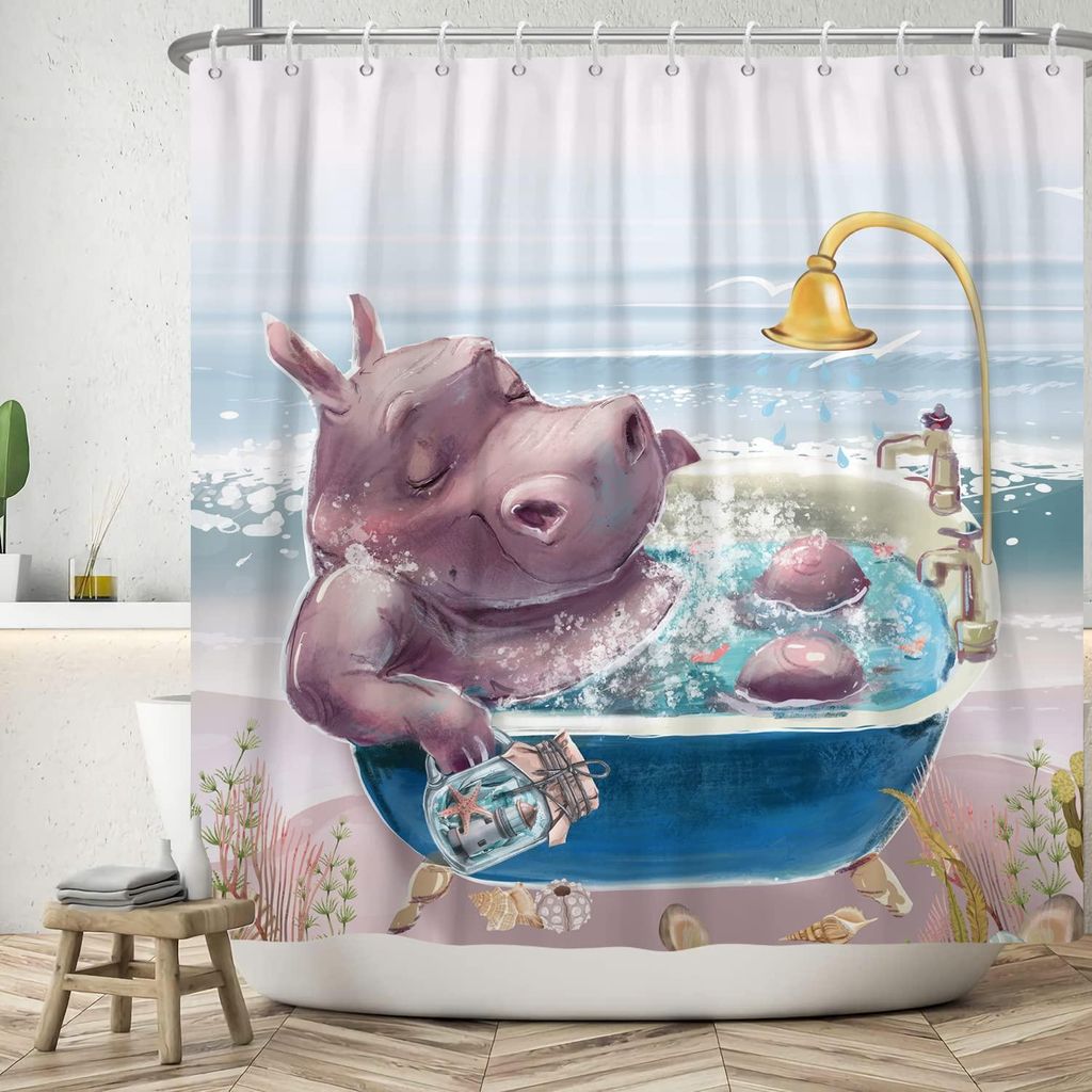 120 x 180 cm Duschvorhang mit niedlichem Nilpferdmotiv, lustigem Cartoon-Tiermotiv und Strandlandschaft, moderner und modischer Badezimmervorhang f...