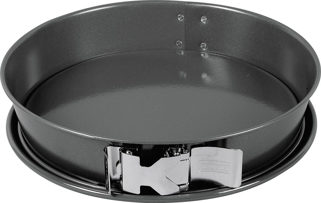 A round springform pan with a removable bottom and a latch mechanism.