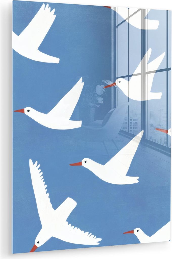 MuchoWow Glasbilder - Bilder auf Wandbild - Foto auf Glas Vögel - Weiß - Muster 60x80 cm Wanddekoration aus Glas - Acrylglasbild - Acrylbilder - ...