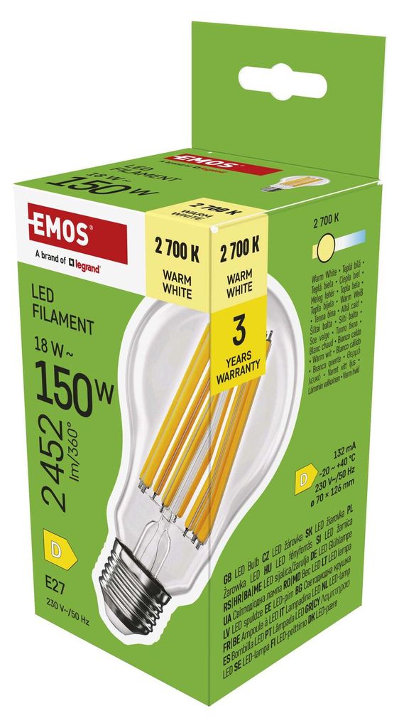 LED žárovka Filament A70 / E27 / 18 W (150 W) / 2452 lm / teplá bílá