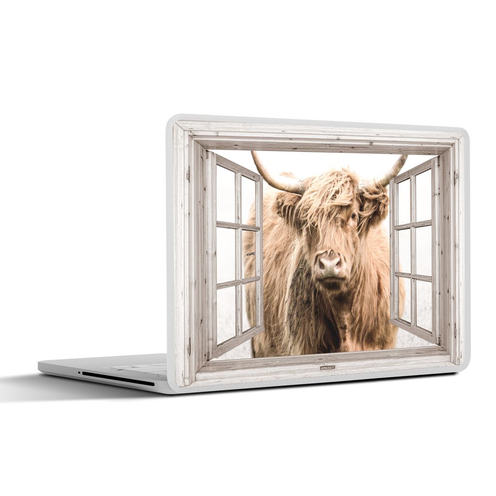 MuchoWow Laptop Aufkleber Sticker Cover Schottischer Highlander - Fenster - Nebel - Ausblick 30x22 cm - Laptop-Sticker