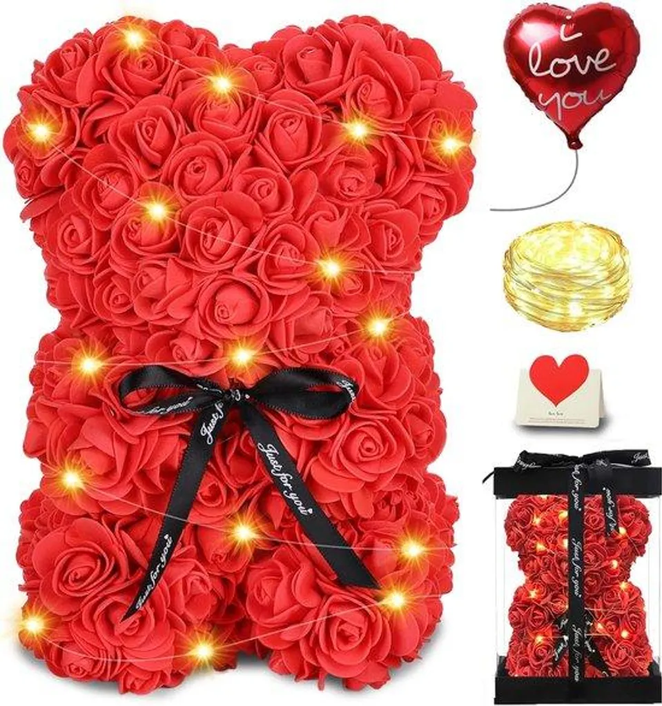 Ours en Rose Rouge 4 en 1 Lumineux avec Guirlande LED et Carte de Vœux