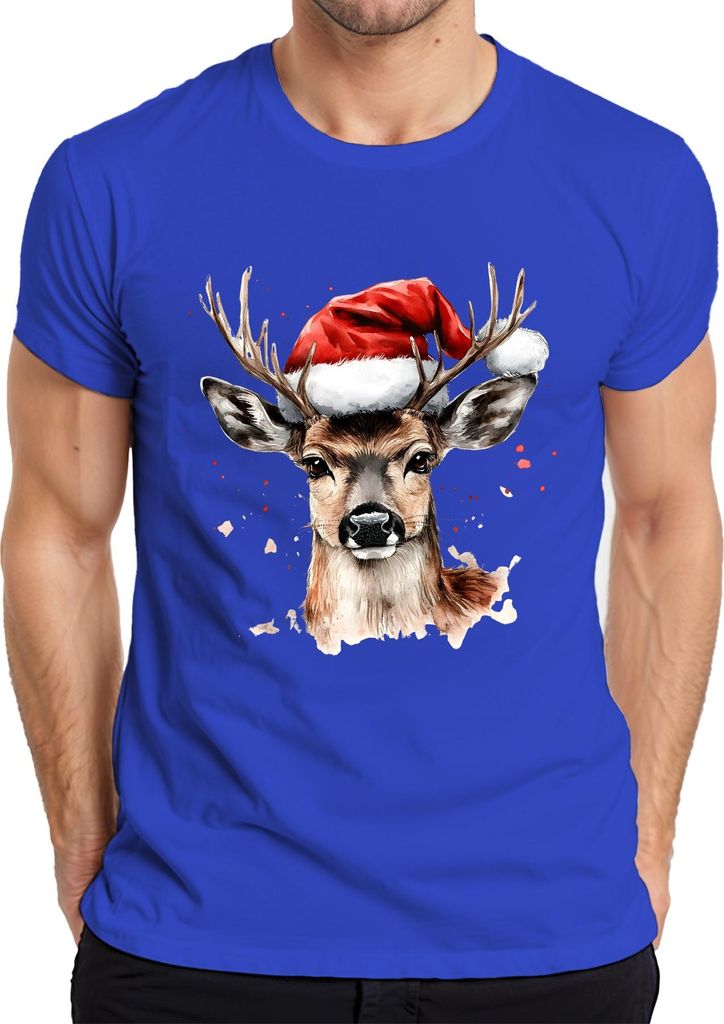 Rentier Nikolaushut Aquarell Weihnachten Geschenk Lustig Vintage Herren T-Shirt, Blau, XXL