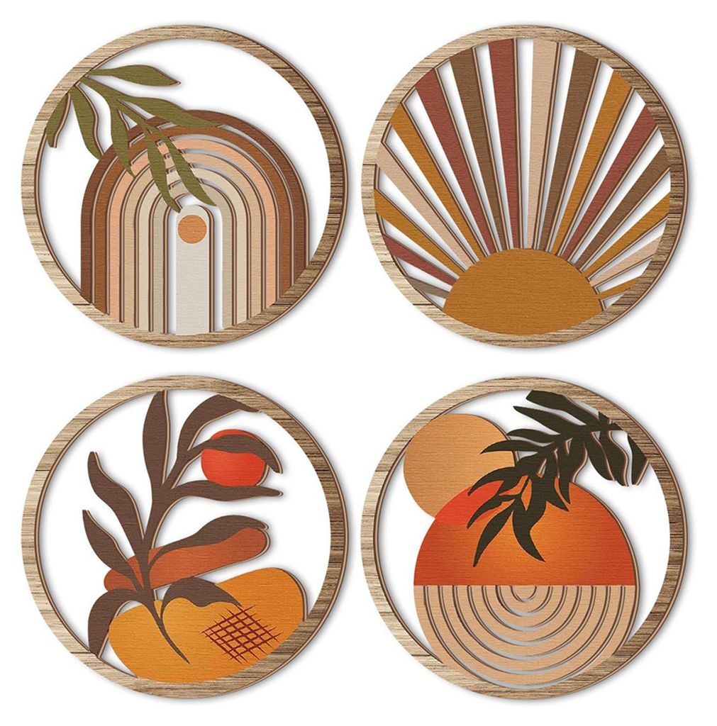 4-teiliges Set runder Boho-Wanddeko aus Holz, böhmische, durchbrochene Kreise, neutrale, minimalistische Wanddekoration im Landhausstil für Schla...