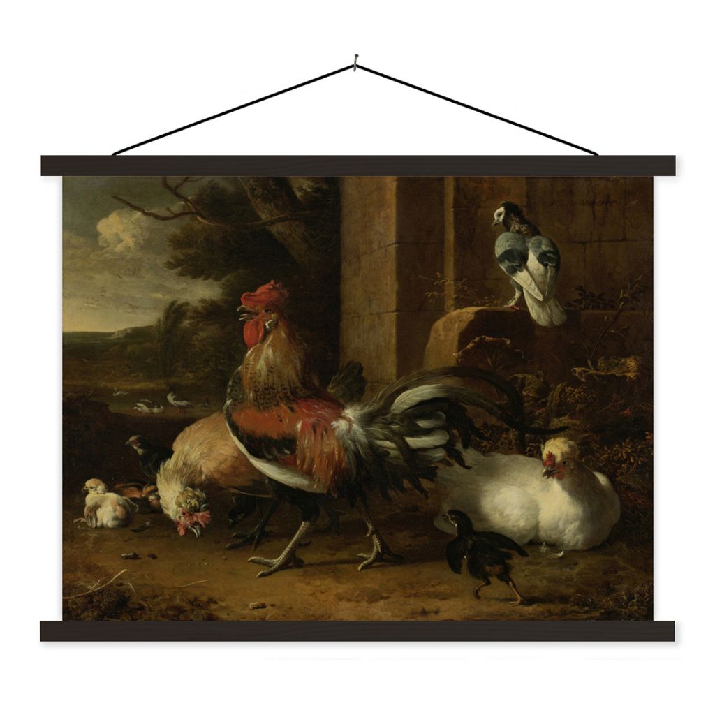 MuchoWow Textilposter Hoenderhof - Gemälde von Melchior d'Hondecoeter 60x45 cm mit schwarzem Rahmen - Poster Schlafzimmer