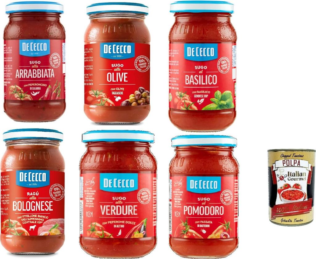 De Cecco Sugo – 6×190 g (1,14 kg) Mix: Pomodoro, Basilico, Arrabbiata, Olive, Verdure, Ragù Bolognese – 100% italienische Tomaten, servierfer...