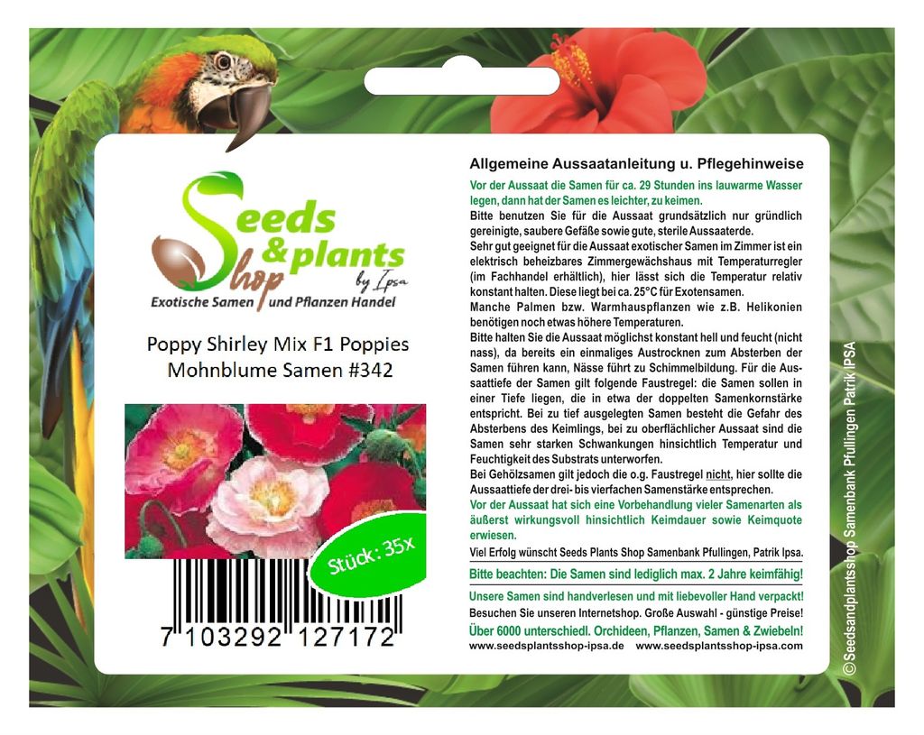 35x Poppy Shirley Mix F1 Mohnblume Garten Pflanzen - Samen #342