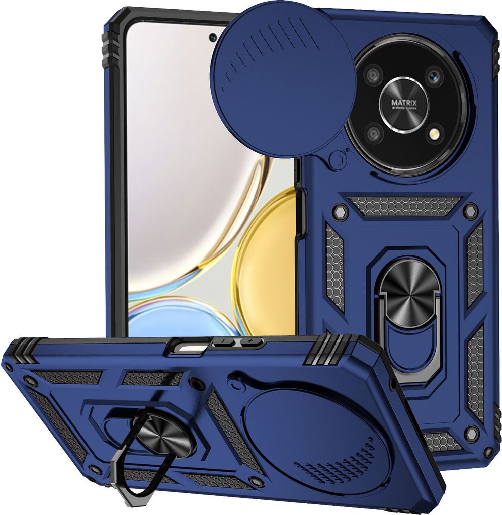 Honor X9 Hülle mit Schiebe Kamera Schutz und Ringhalter Ständer Robust Rüstung Schutzhülle für Honor X9 Blau