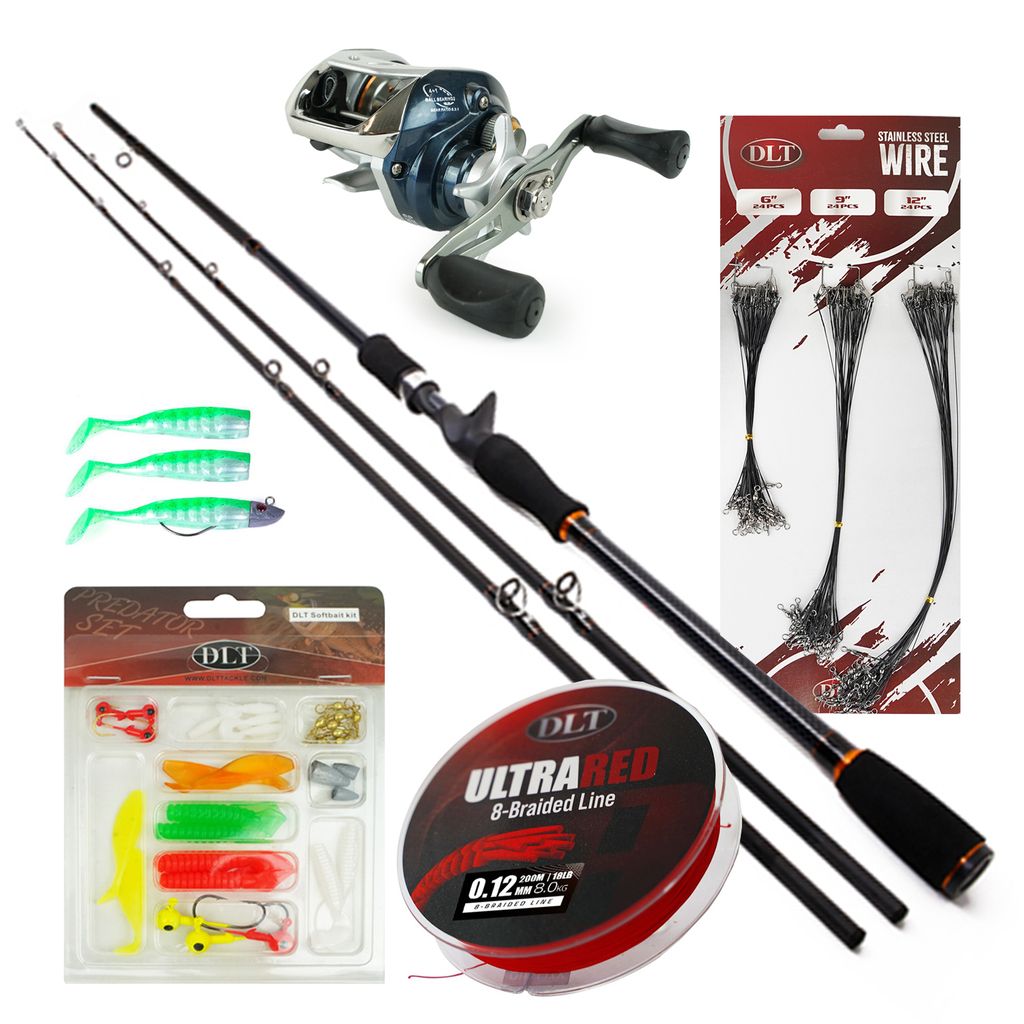 X2 Terminator Baitcaster-Set – Baitcaster-Rute und -Rolle – geflochtene Schnur – Stahlvorfach – Softbaits