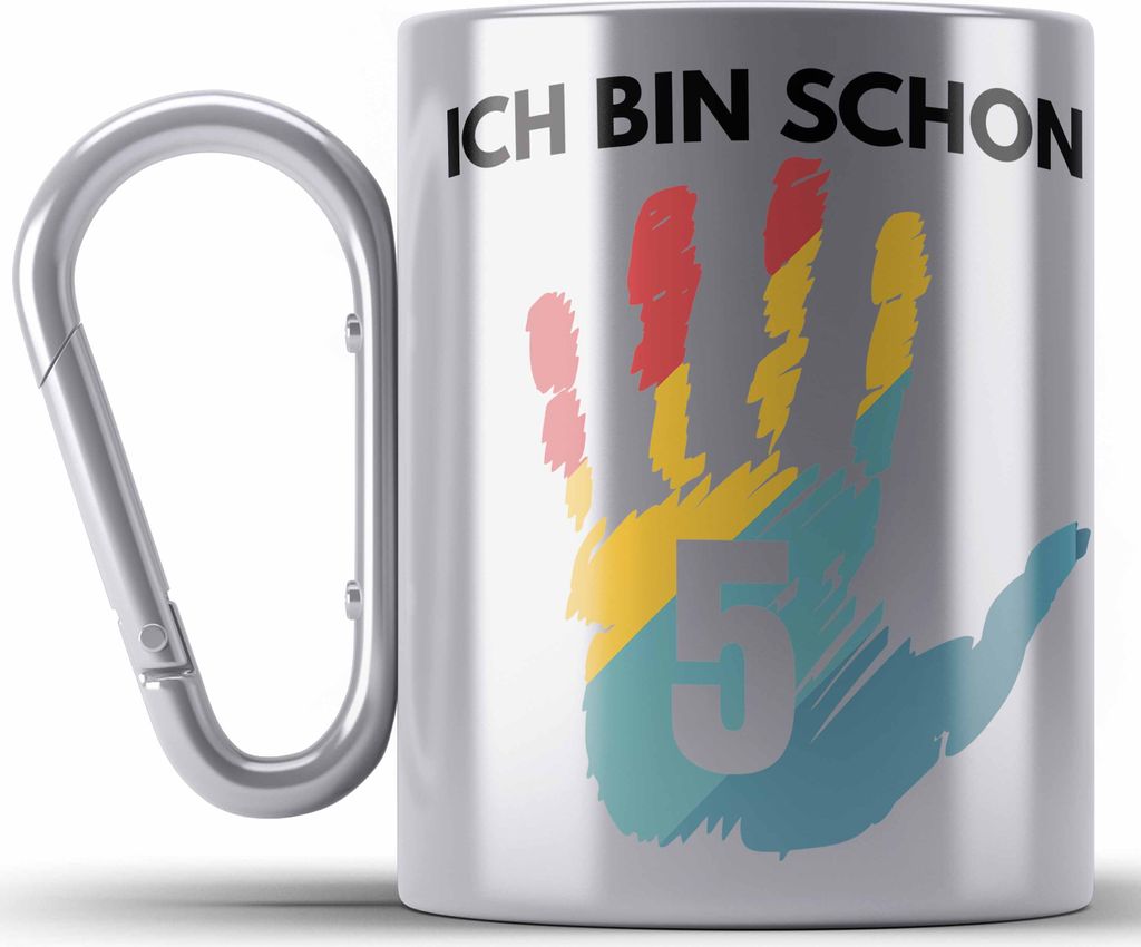 Trendation - Ich Bin Schon 5 Edelstahl Tasse Karabiner Geschenk 5-Jähriger Junge Mädchen Geschenkidee (Silber)