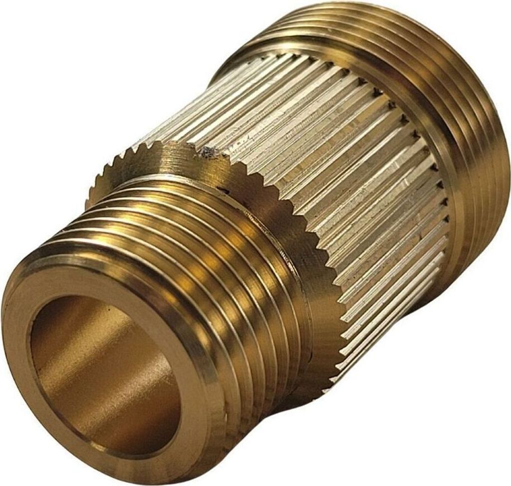 A close-up studio shot of a brass cleaning adapter.