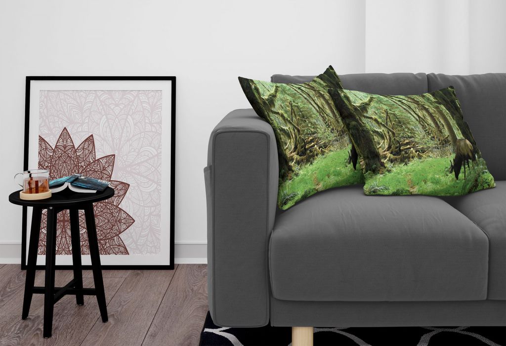 ABAKUHAUS Regenwald Kissenbezug Set (2Stück), Roosevelt-Elch im Regenwald-wild lebender Nationalpark-Washington-Geweih-Thema, 60x60cm, Grün Braun