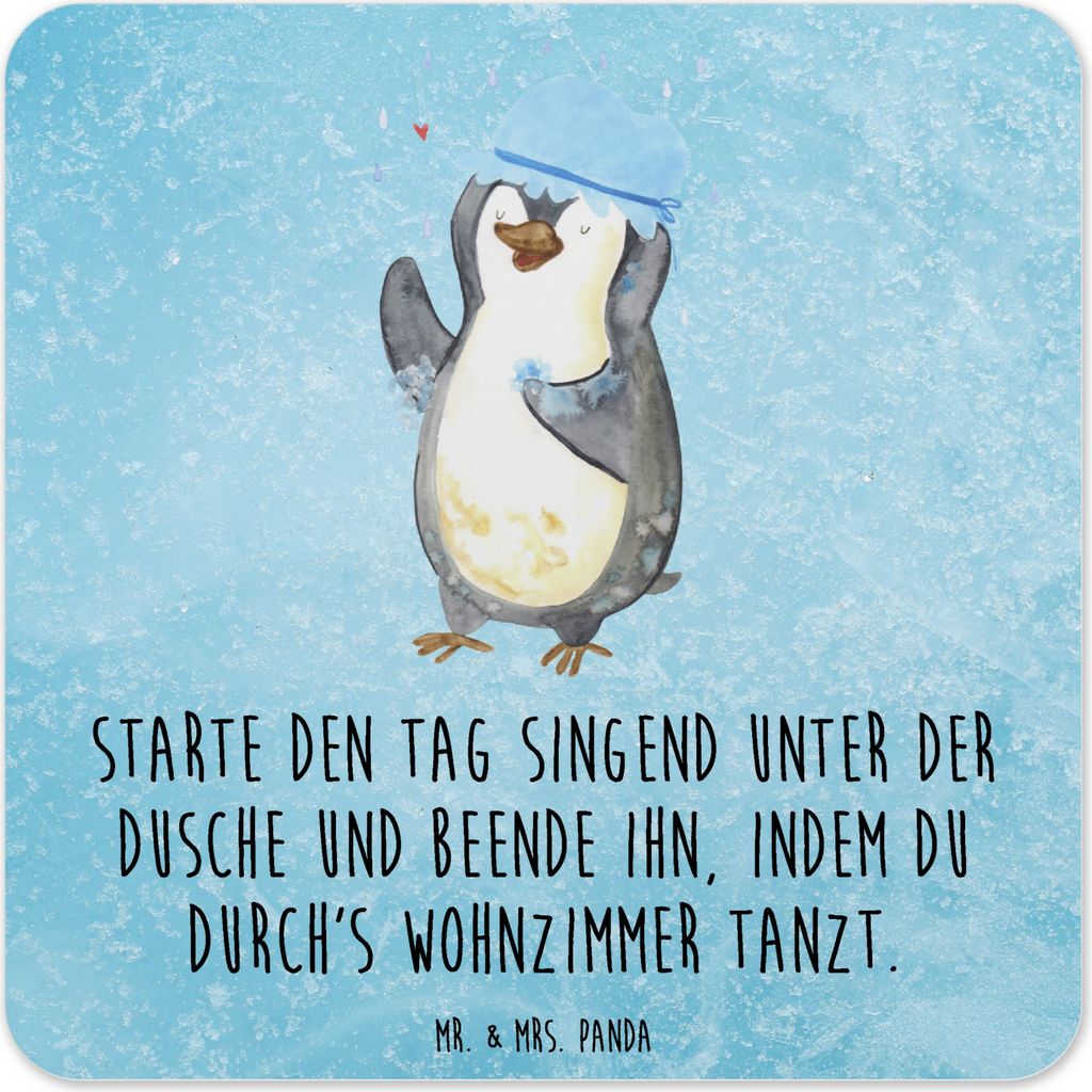 Mr. & Mrs. Panda Untersetzer für Gläser Pinguin Duschen 6er Set - Eisblau - Geschenk, Neuanfang, Tassen-Untersetzer, Pinguine, Tischuntersetzer, ...