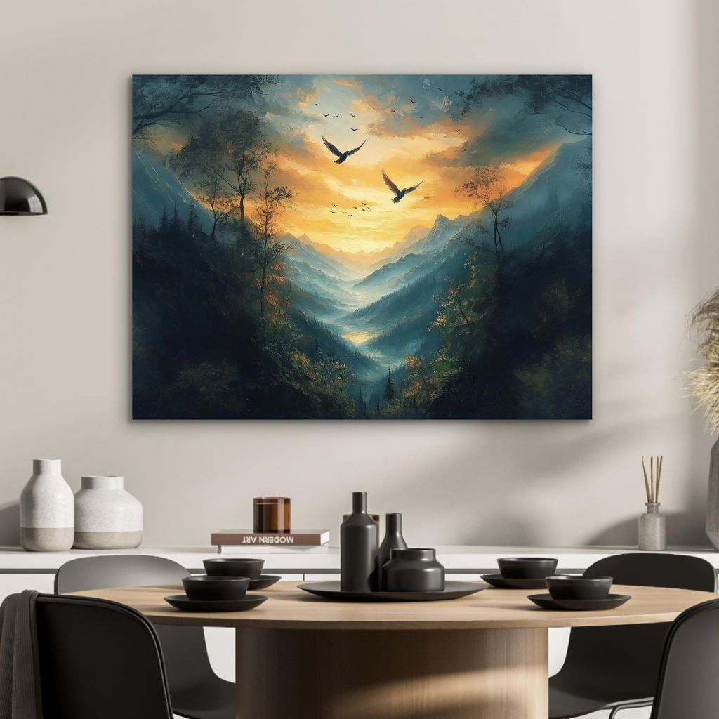 MuchoWow Wanddekoration Metall Metallbild Wandkunst 80x60 cm Vögel - Sonne - Bäume - Grün MuchoWow Aluminium Gemälde - Alubild
