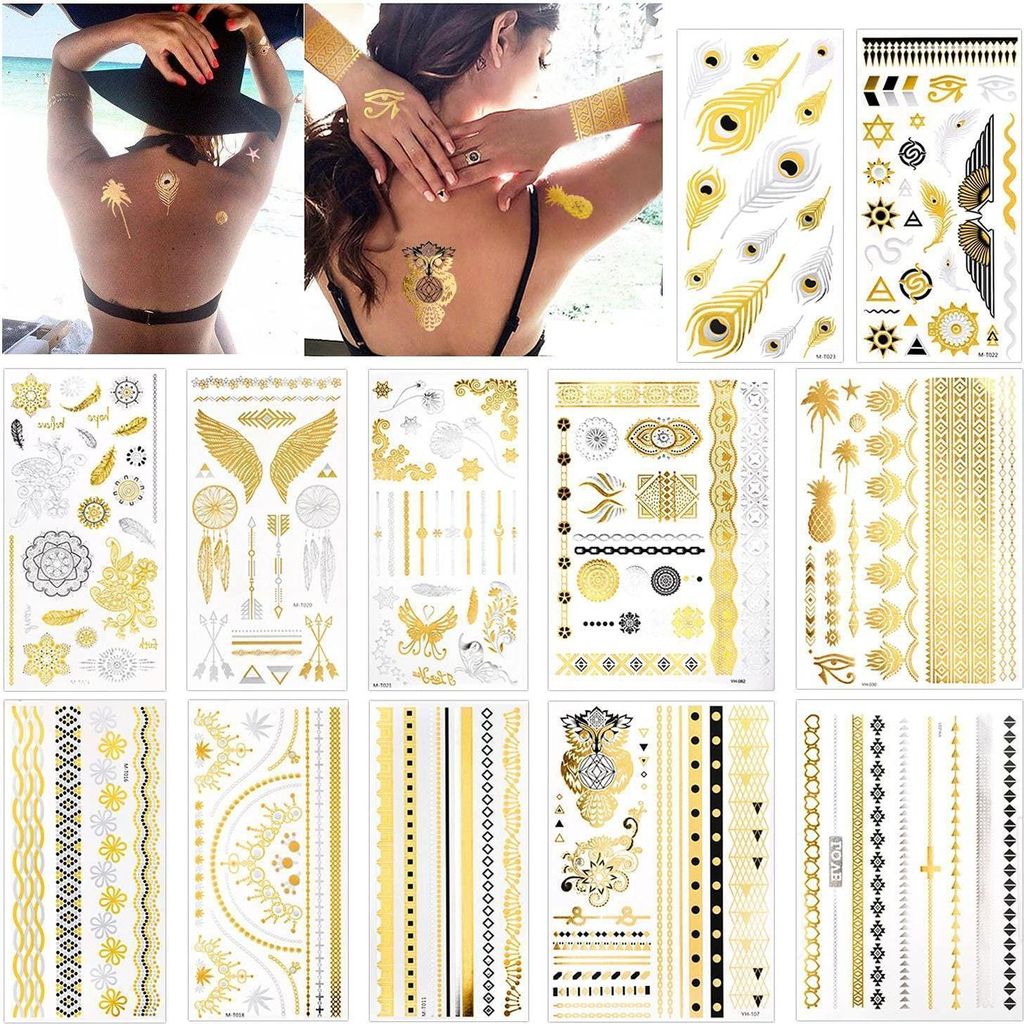 12 Blätter Metallic Temporäre Tattoos Gold Schwarz Silber Produktbild 