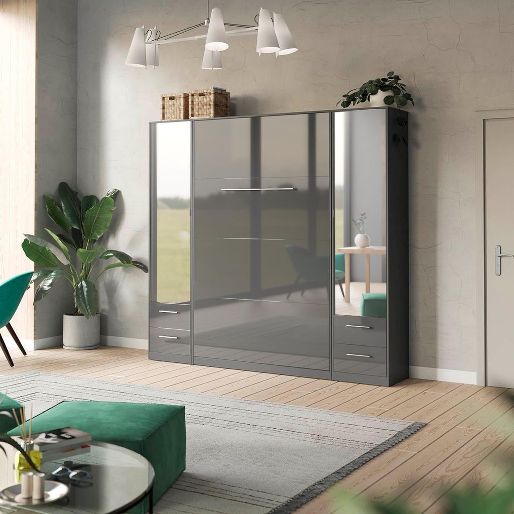 SMARTBett Spiegelschrank Kleiderschrank mit Spiegeltür 50cm Weiss/Anthrazit Hochglanz