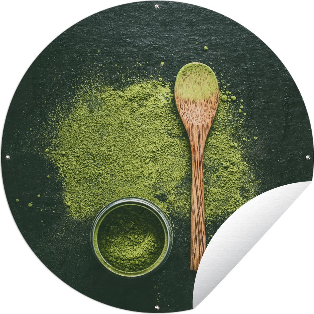 MuchoWow Gartenposter Outdoor-Poster Rund Grünes Matcha-Pulver auf grünem Hintergrund Ø 120 cm Gartendeko Rundes Poster draußen