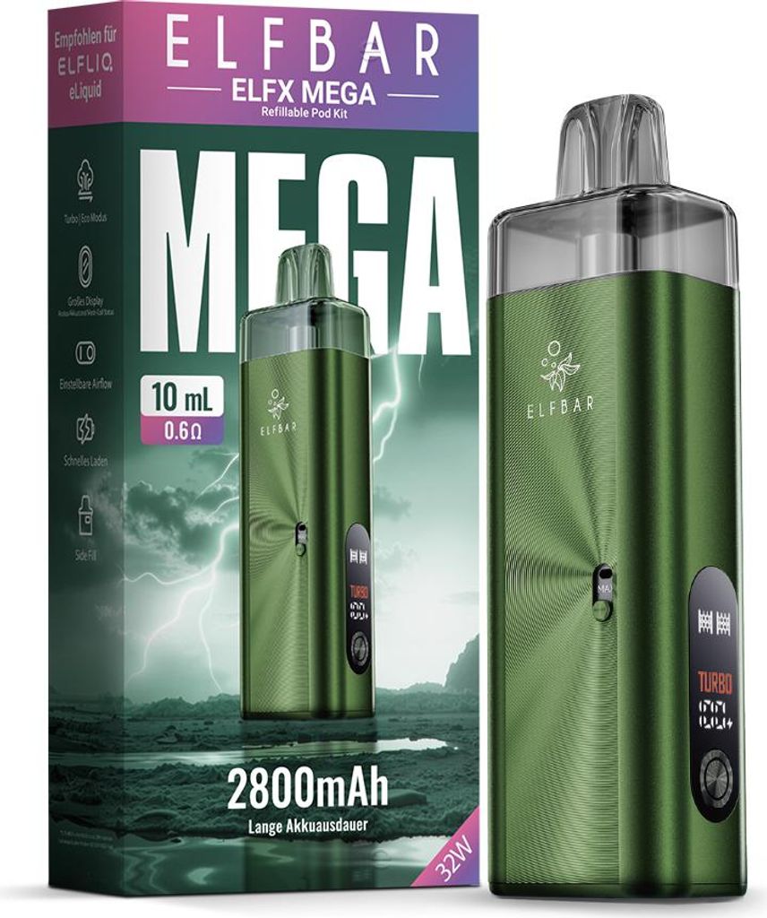 ELFBAR ELFX MEGA Green – Akkuträger 2800 mAh, Farbdisplay, Produktbild 
