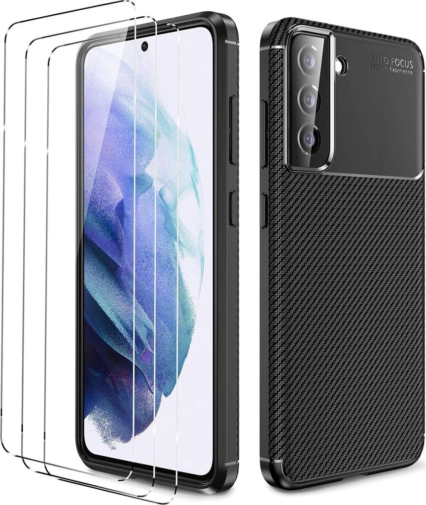 Silikonhülle für Samsung Galaxy S21 FE 5G Schwarz Carbon 3x Glas
