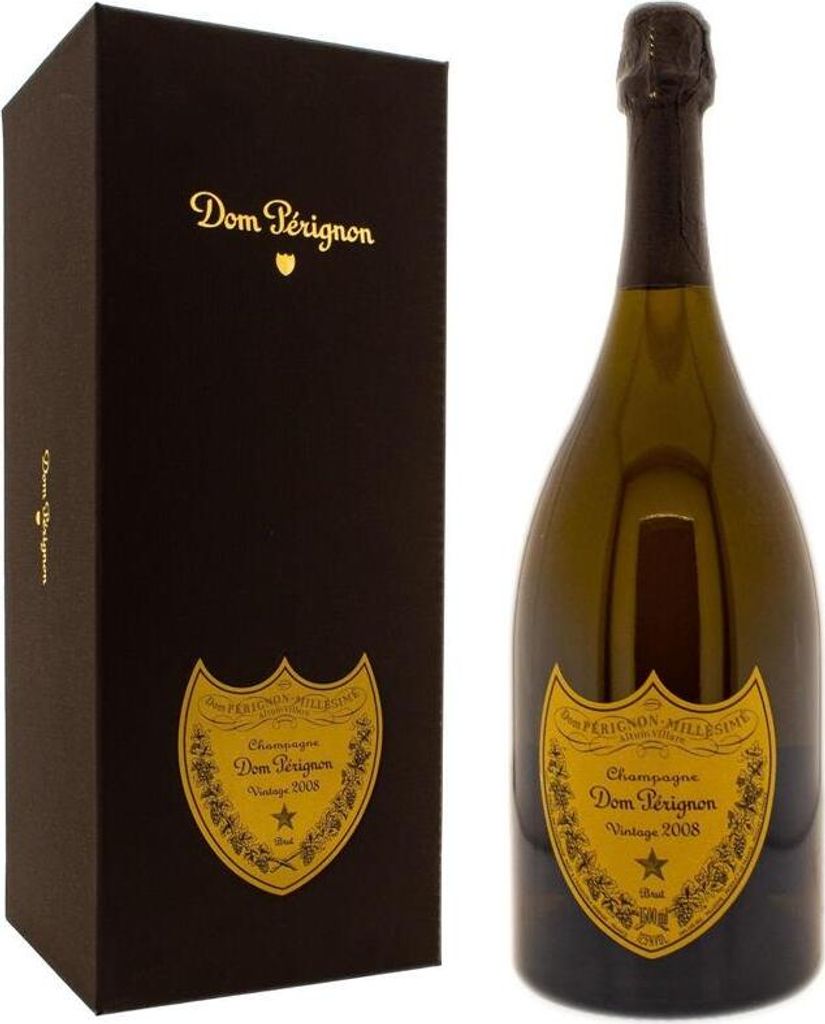 A bottle of Dom Perignon champagne and its gift box.