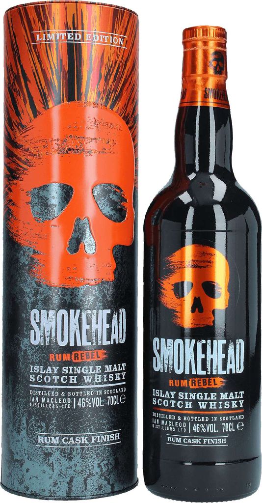 A bottle of Smokehead Rum Rebel Islay Single Malt Scotch Whisky and its packaging.