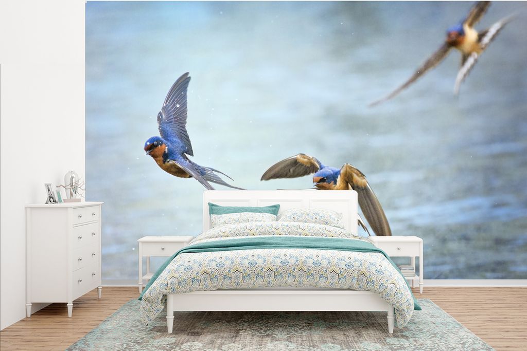 MuchoWow Fototapete für Wohnzimmer oder Schlafzimmer Wandtapete Vinyl Motivtapete Schwalbe - Wasser - Blau - 385x240 cm - Schlafzimmer-Tapete