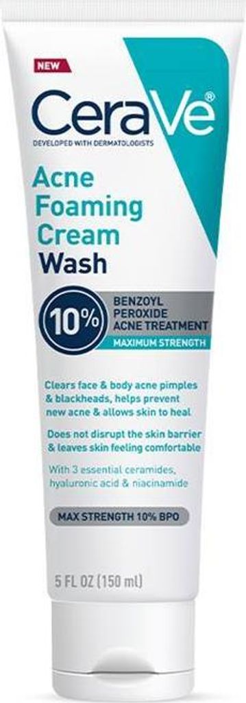 CeraVe Acne Foaming Cream Wash, Akne schäumende Waschcreme, für akneanfällige Haut, mit Benzoylperoxid 10%, 150ml