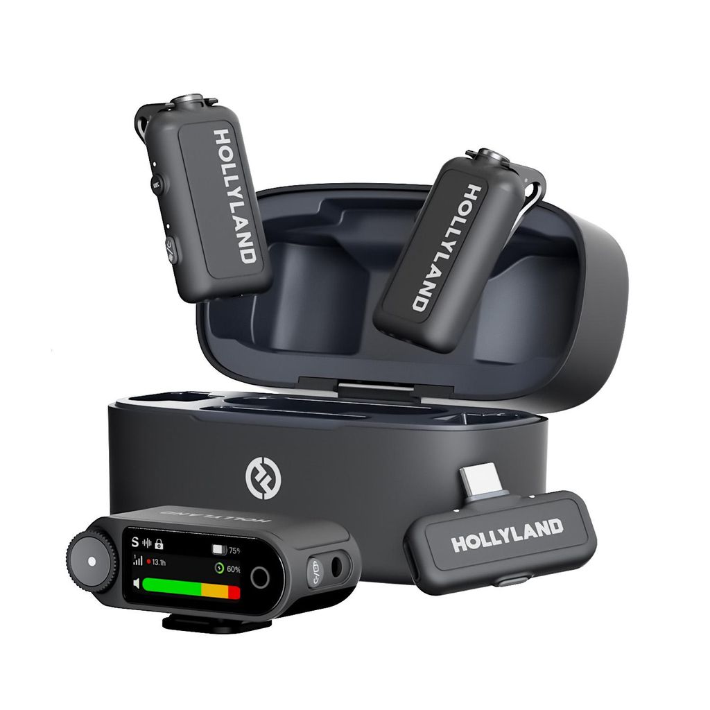 A set of wireless microphones and their charging case, displayed against a white background.