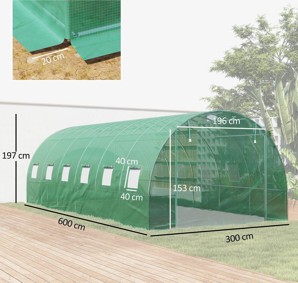 Outsunny Copertura per serra da tunnel 3,5 x 3 x 2 m, in polietilene con 6 finestre e porta arrotolabile, protezione per piante da giardino bianco