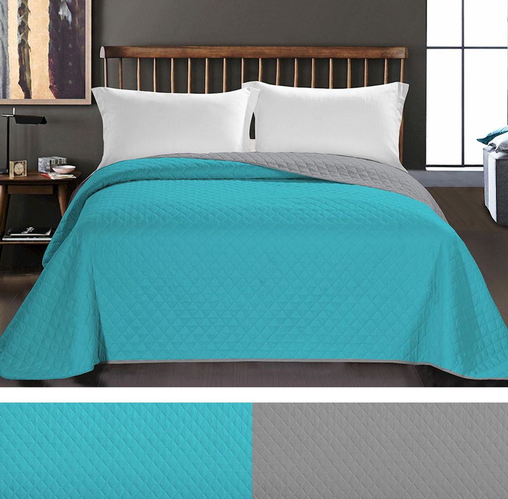 Luxus Bettüberwurf Axel mit Uni Wendedesign - Zweiseitige Tagesdecke, Farbe:Turquoise / Steel, Größe:200 x 220 cm