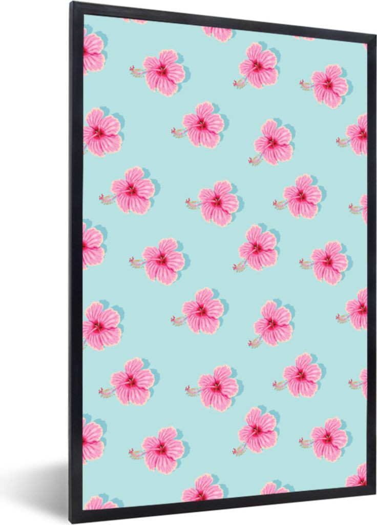 MuchoWow Gerahmtes Poster Sommerlich - Blumen - Rosa - Blau 60x90 cm - Poster mit Schwarzem Bilderrahmen Wandposter Rahmen Foto Bilder - Kunst