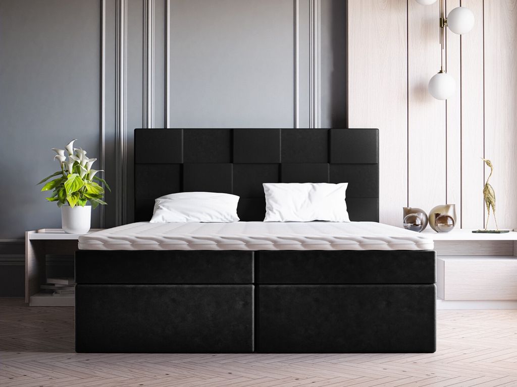 ADIDAR Boxspringbett Khady 200x200cm – Polsterbett mit Stoffbezug, Stauraum, Matratze, Topper, Jasmine 100 Schwarz – Komfort, Haltbarkeit, Haus...