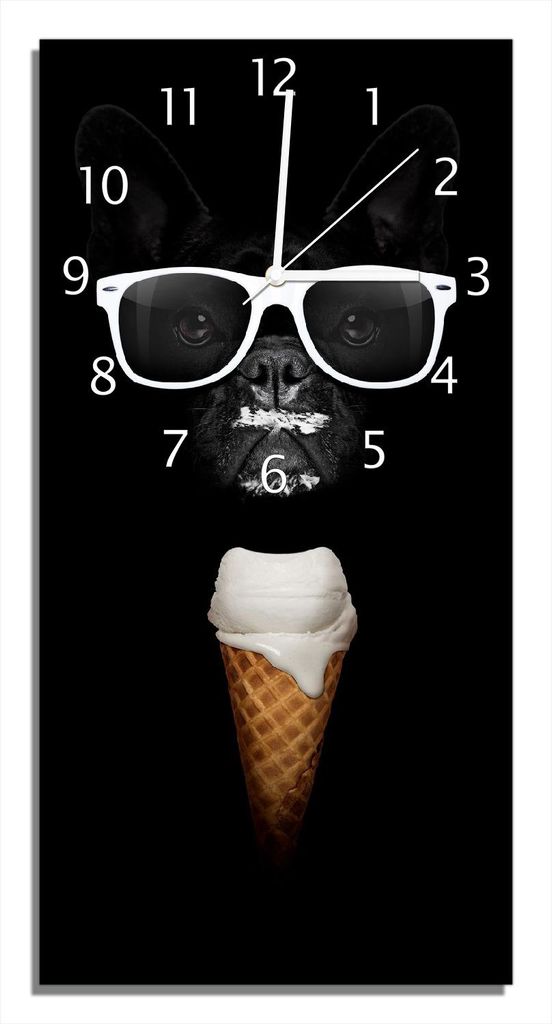 Wallario Design Wanduhr bedruckt, Größe 30 x 60 cm, Motiv: Hund mit Eis