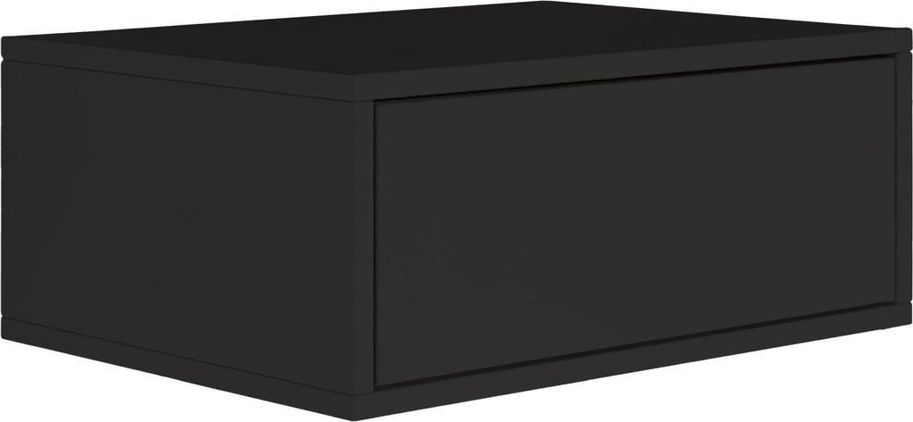A black hanging nightstand with a single drawer, shown from a three-quarter angle.