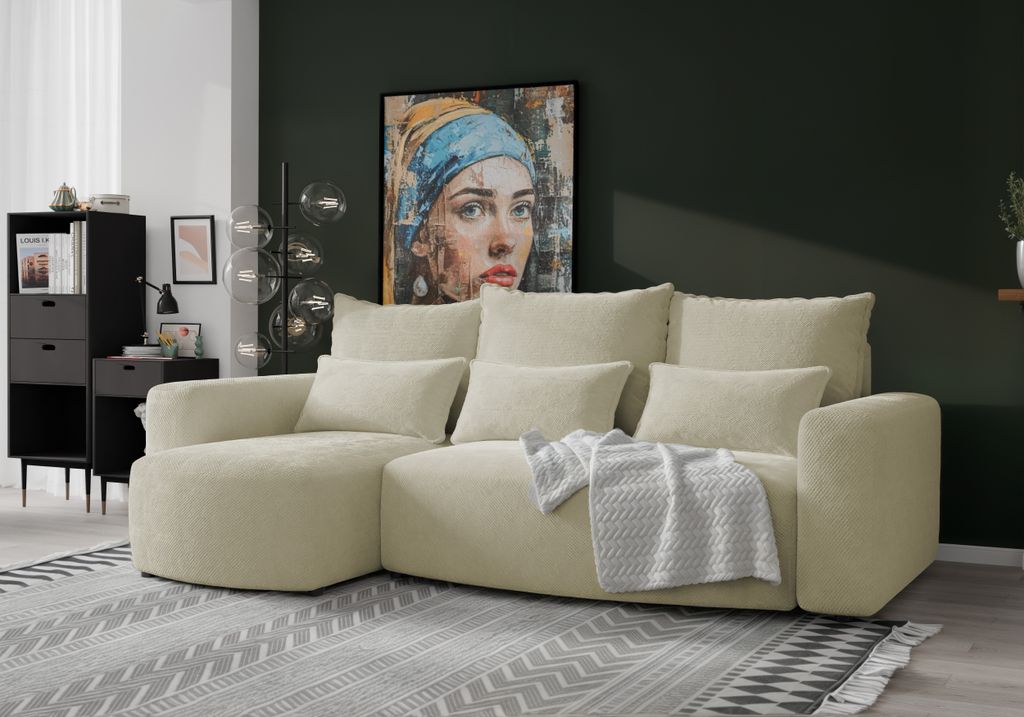 4ALLHOME Ecksofa mit Schlaffunktion Travis, Couch, Sofa mit Bettkasten, Eckcouch, L-Form, Schlaffsofa, Universal, Cord Onega 14 Ecru
