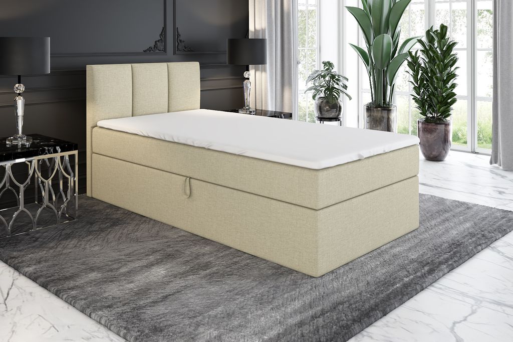 Boxspringbett, Jugendbett NASI 80x200 (Links) mit Bettkästen, Bonell-Matratze und Topper. Farbe: Beige.