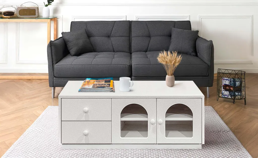 Table de salon rectangulaire blanc texturé 60x100 cm avec rangements chic