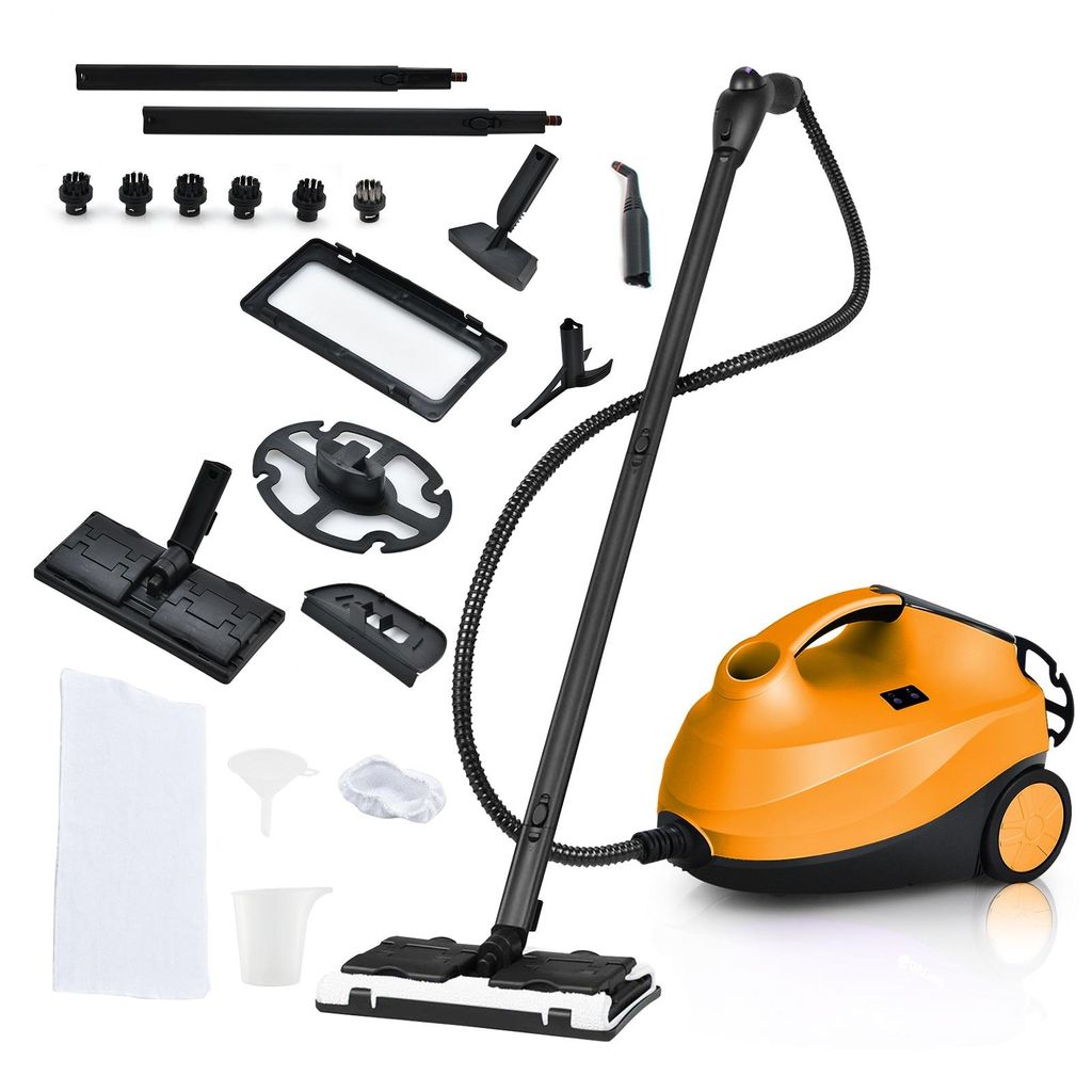 A steam cleaner and its accessories are displayed against a white background.