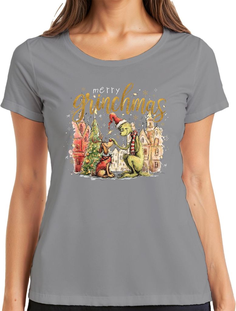 merry grinchmas Weihnachten Grinch Geschenk lustig Max Rentier Damen T-Shirt, Grau, XL
