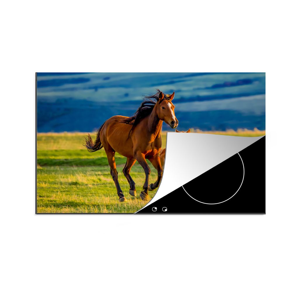 KitchenYeah Herdabdeckplatte Pferde - Gras - Tiere - Landschaft - Natur , 80x52cm, Küche Deko, Glaskeramikkochfeld Herdabdeckung, Abdeckplatte f...