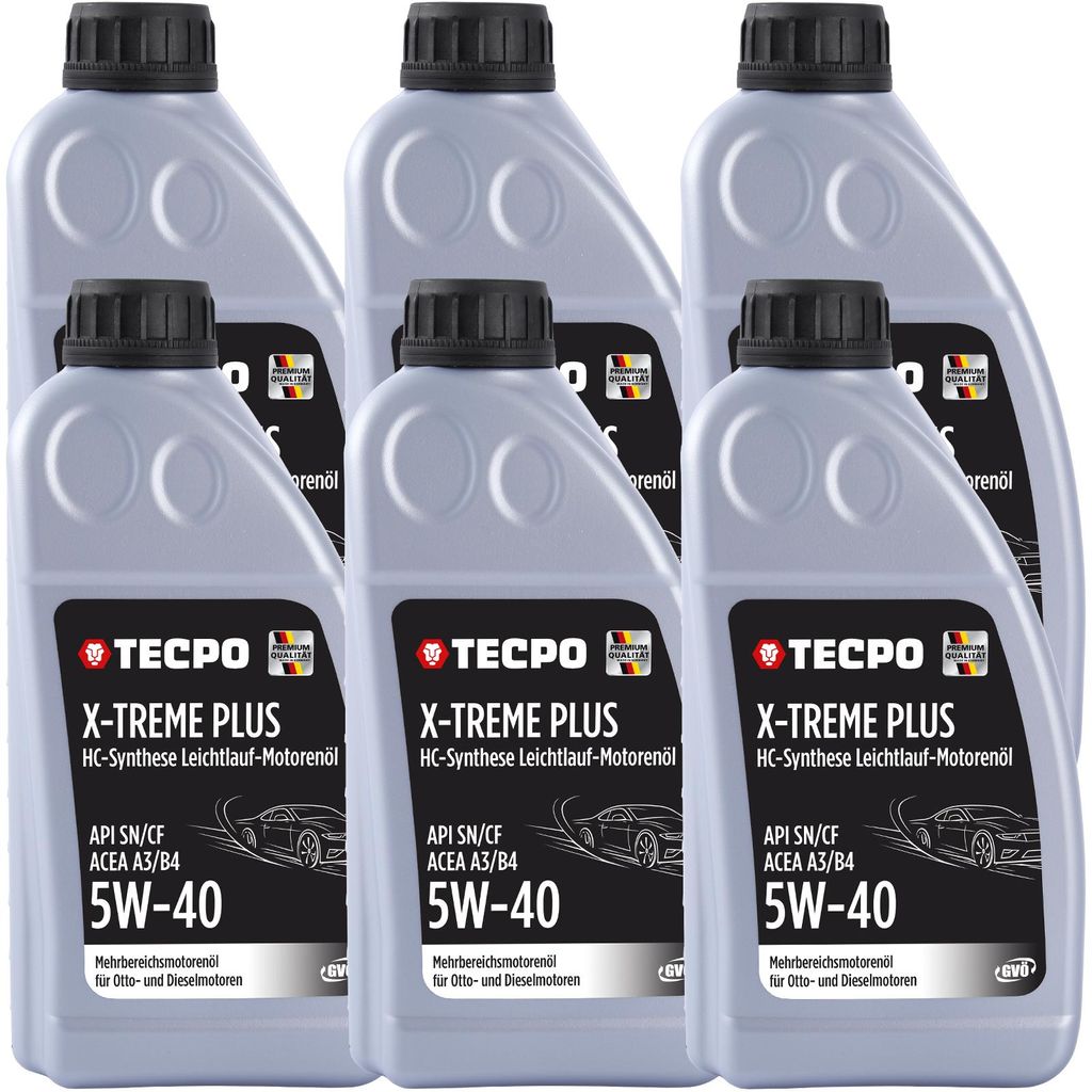 TECPO Motoröl 5W40 Öl X-TREME Plus Öl, 6 Liter 5W-40 Gebinde HC-Synthese für Diesel-und Benzinmotoren entspricht API SN/CF / ACEA A3/B4 / 502/5...