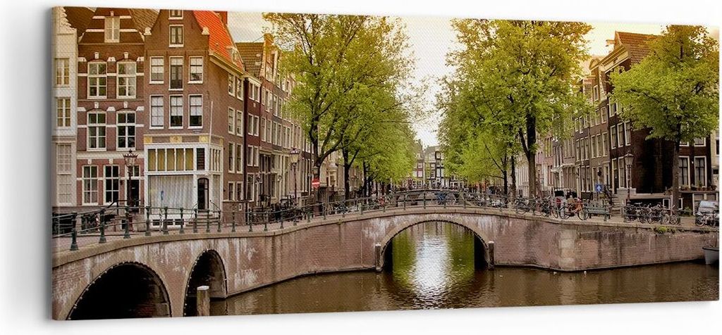 Bild auf Leinwand - Leinwandbild - Kanal Wasser Amsterdam Fahrrad - 120x50cm - Wand Bild - Wanddeko - Leinwanddruck - Bilder - Kunstdruck - Wanddek...