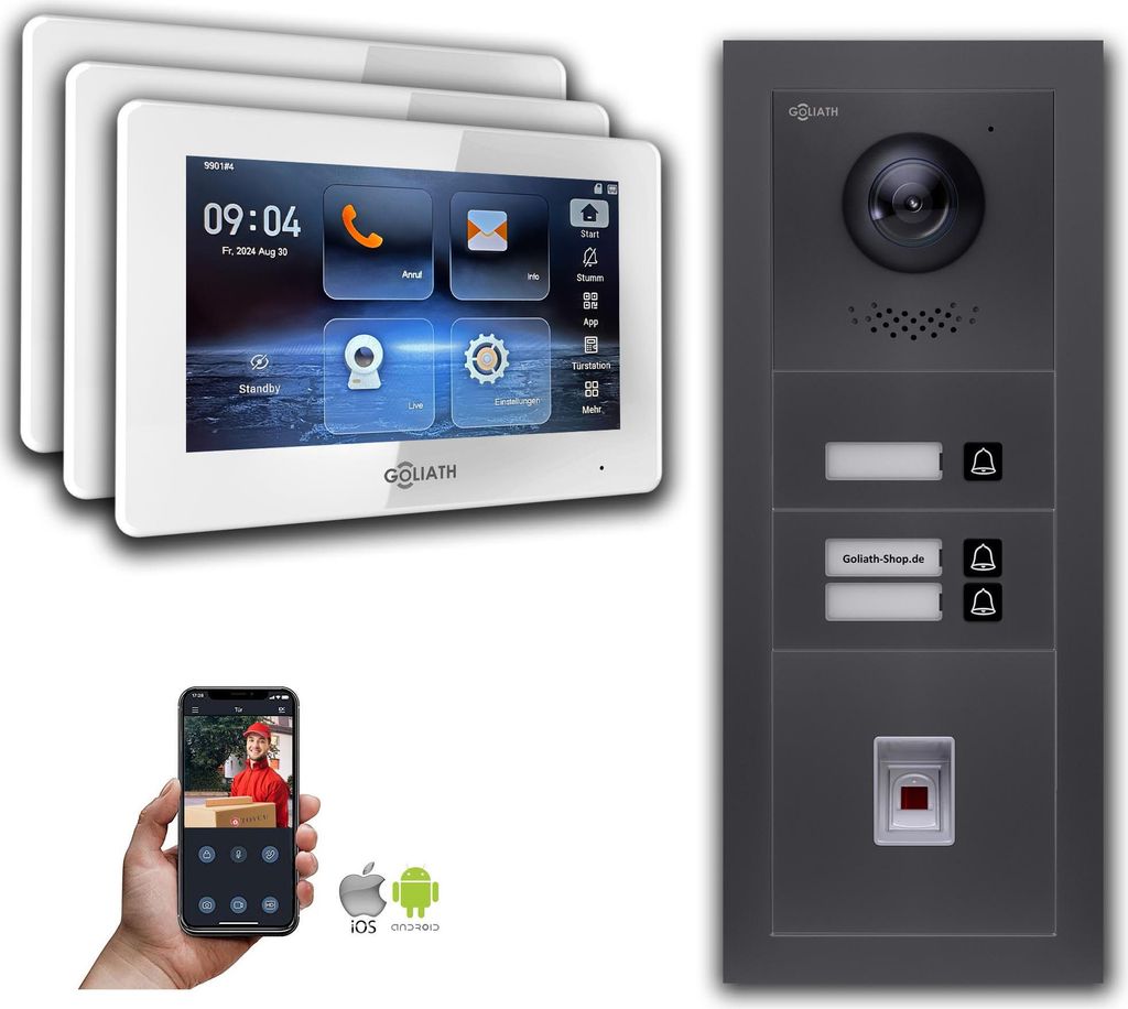 Goliath 2-Draht BUS Video Türsprechanlage: 3 Familienhaus, Fingerprint, Anthrazit : 7 Zoll in Weiß : Unterputzdose Monitor Auswahl: 7 Zoll in Wei...