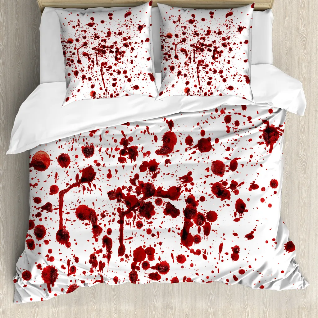 ABAKUHAUS Copripiumino horror, schizzi di sangue Scary, antiacaro, adatto a chi soffre di allergie, con federe, 200 cm x 200 cm - 80 x 80 cm, rosso-bianco