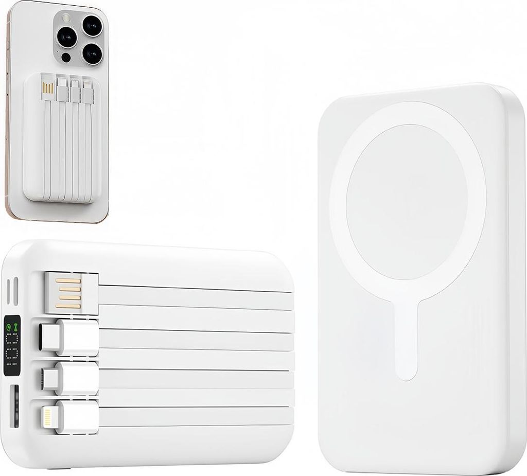 A collage of a white magnetic power bank with integrated cables and a white power bank with a MagSafe charging circle.