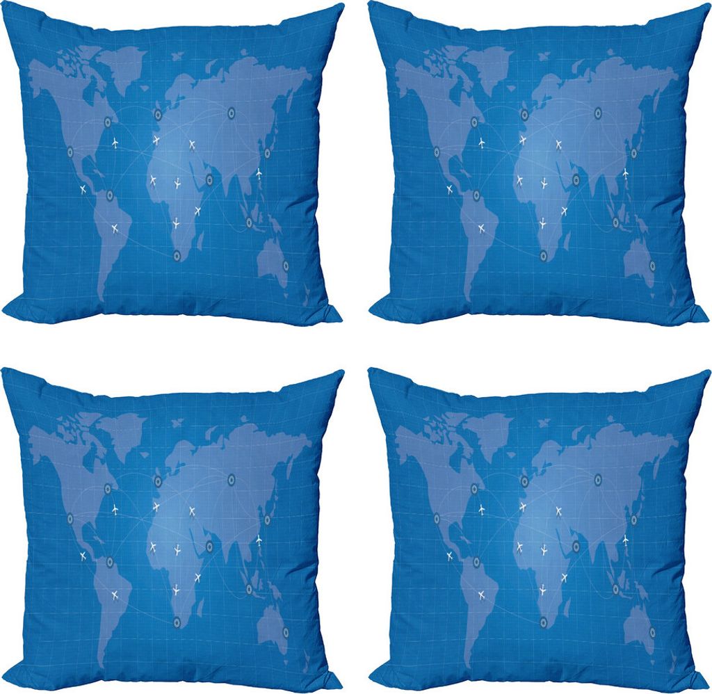 ABAKUHAUS Flughafen Kissenbezug Set (4 Stück), Flugrouten auf Weltkarte, Moderner Doppelseitiger Digitaldruck, 50 cm x 50 cm, Sea Blue und Sky Blue